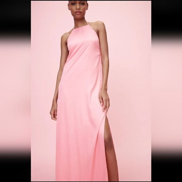 Zara Satin Halter Style Maxi Dress Baby Pink Size M - Picture 1 of 8